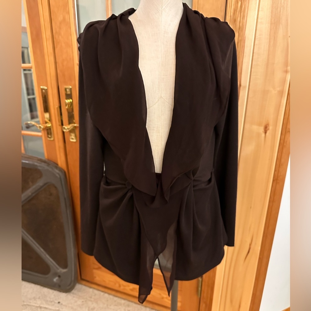 Ryu Chocolate Brown Chiffon Trim Draped Blazer, size L